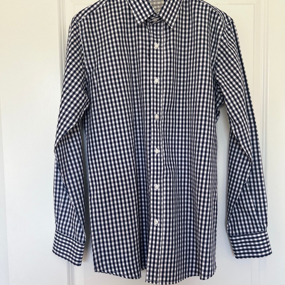 Men's Custom Tailored Slim Fit Dress Shirt, Plaid, Dark Blue/White, Neck - 16.5"